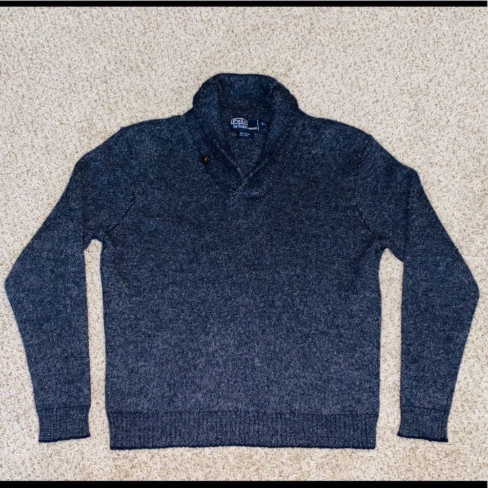 POLO RALPH LAUREN 100% Wool Alpaca Shawl Button Collar Pullover Grey Sweater M